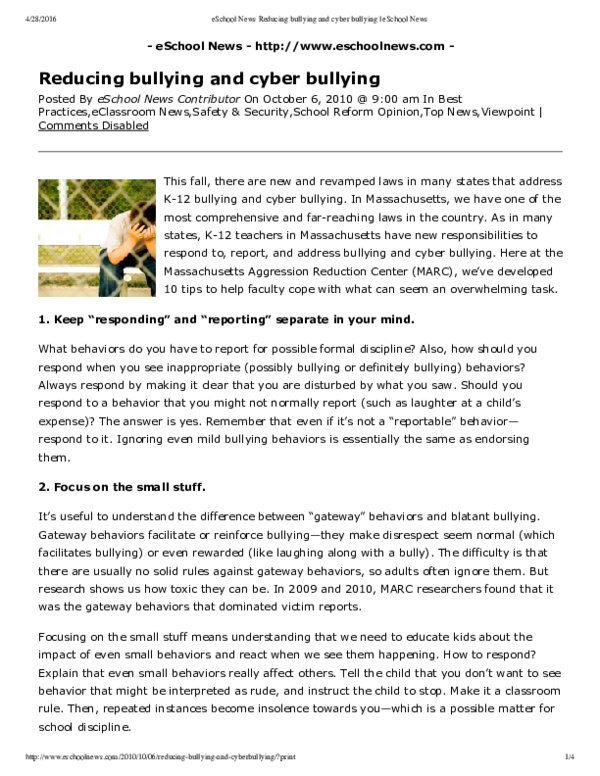 (PDF) Reducing bullying and cyber bullying