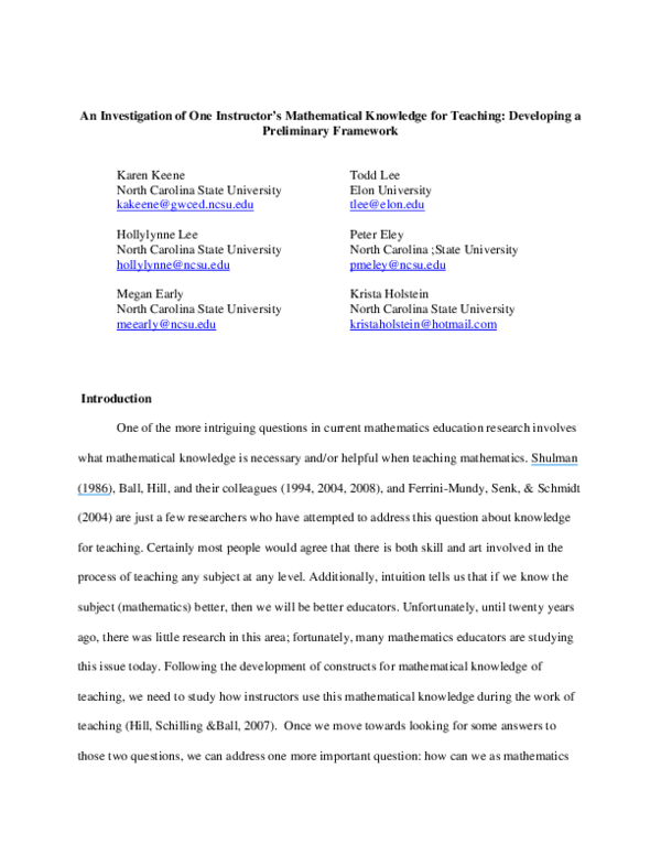 (PDF) An investigation of one instructor's, mathematical knowledge for ...