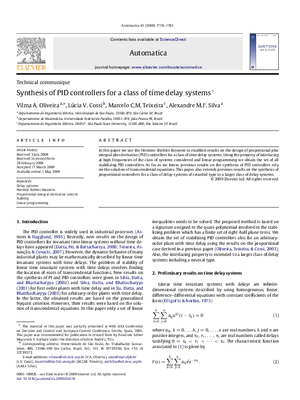 (PDF) Synthesis of PID controllers for a class of time delay systems