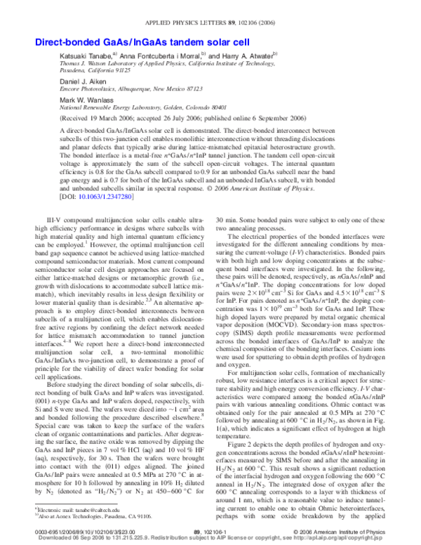 (PDF) Direct-bonded GaAs/InGaAs tandem solar cell
