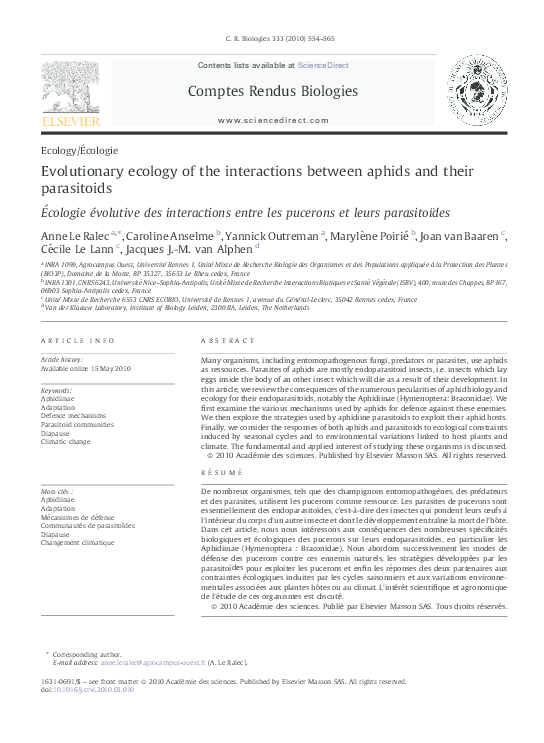(PDF) Evolutionary ecology of the interactions between aphids and their ...