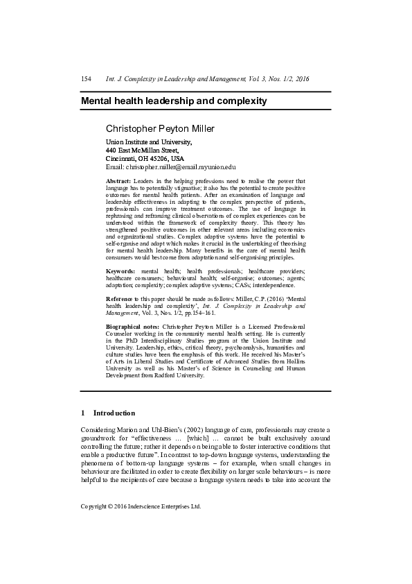 Pdf Mental Health Leadership And Complexity Christopher Peyton Miller Academia Edu