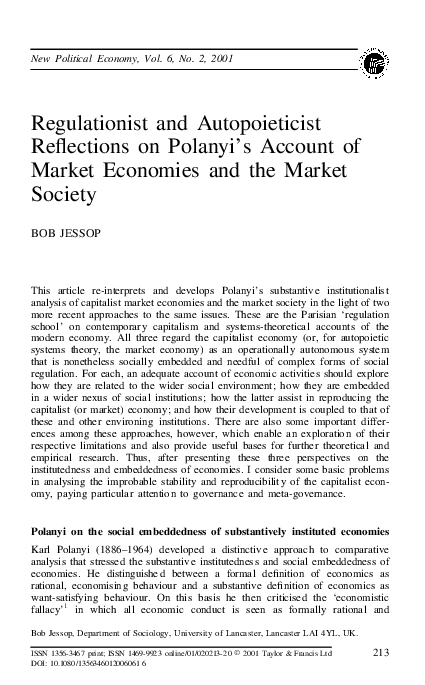 Regulationist and Autopoieticist Reflections on Polanyi's Account of Market Economies and the Market Society