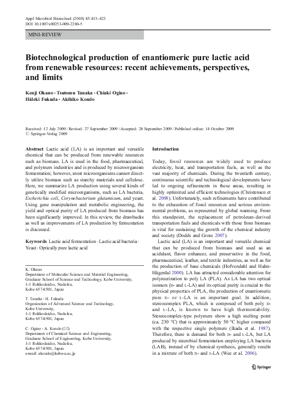 (PDF) Biotechnological production of enantiomeric pure lactic acid from ...