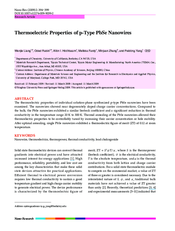 (PDF) Thermoelectric properties of p-type PbSe nanowires