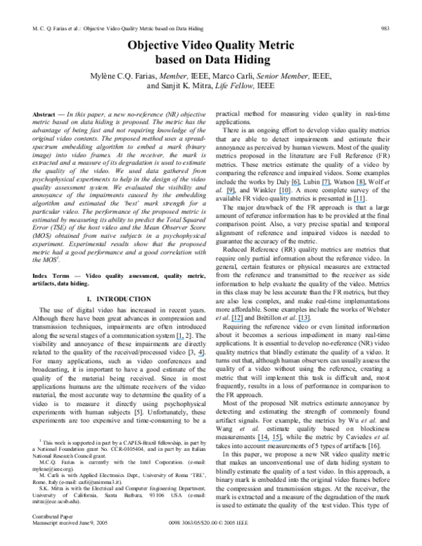 (PDF) Objective video quality metric based on data hiding | Mylene ...