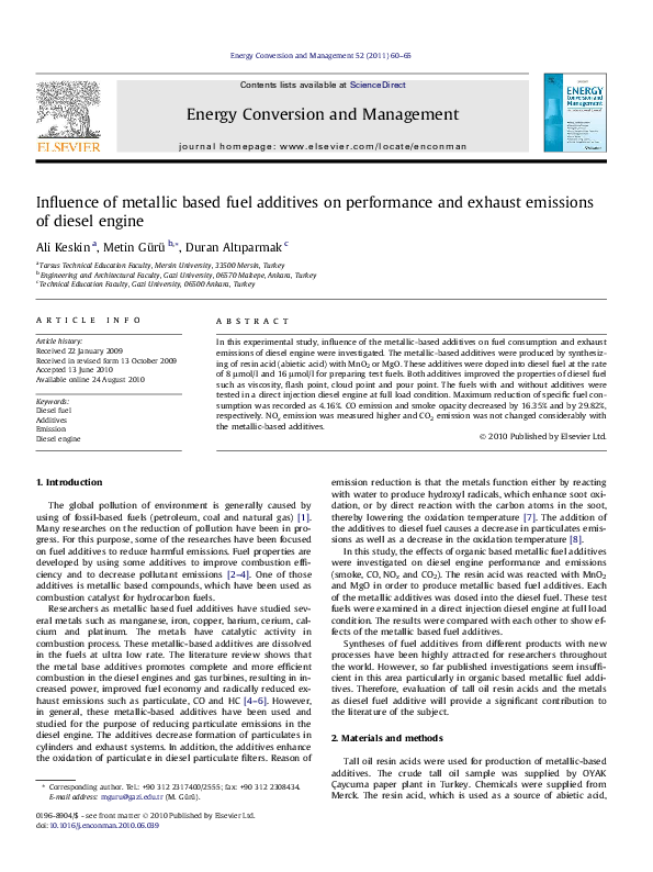 (PDF) Influence of metallic based fuel additives on performance and ...