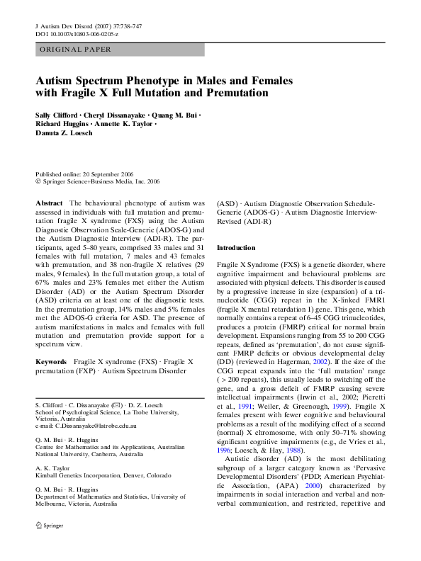 (PDF) Autism Spectrum Phenotype in Males and Females with Fragile X ...