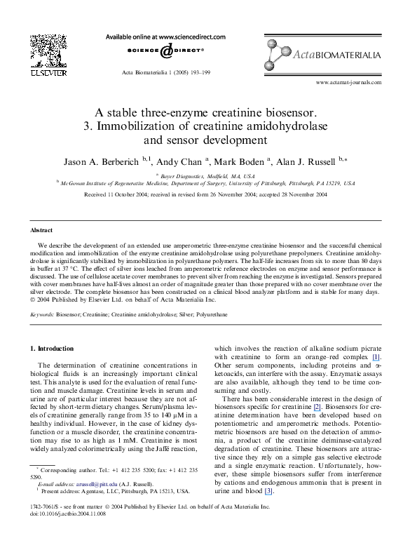 (PDF) A stable threeenzyme creatinine biosensor. 3. Immobilization of