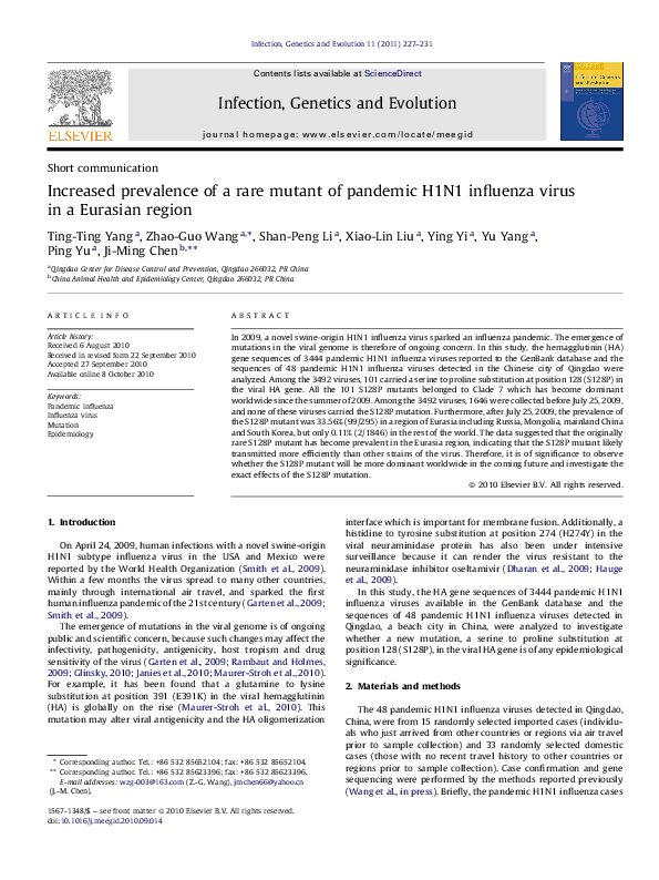 (PDF) Increased prevalence of a rare mutant of pandemic H1N1 influenza ...