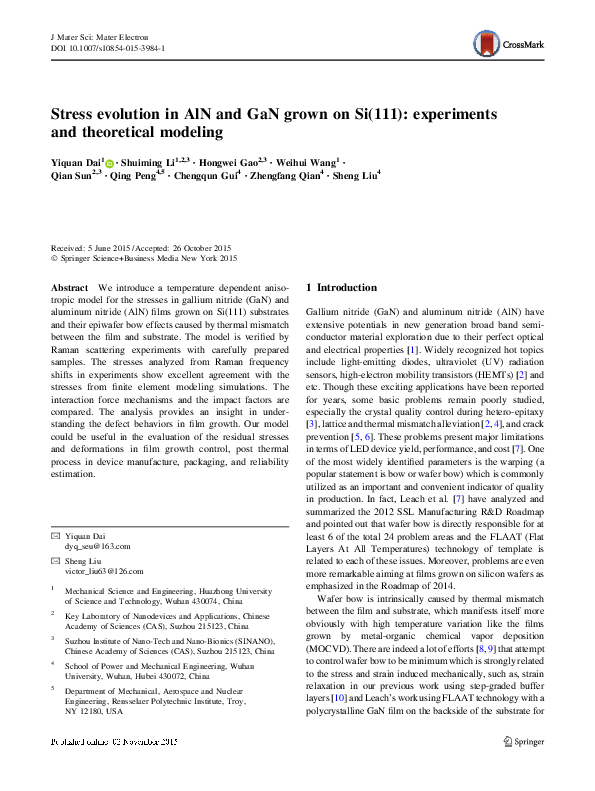 (PDF) Stress evolution in AlN and GaN grown on Si(111): experiments and ...