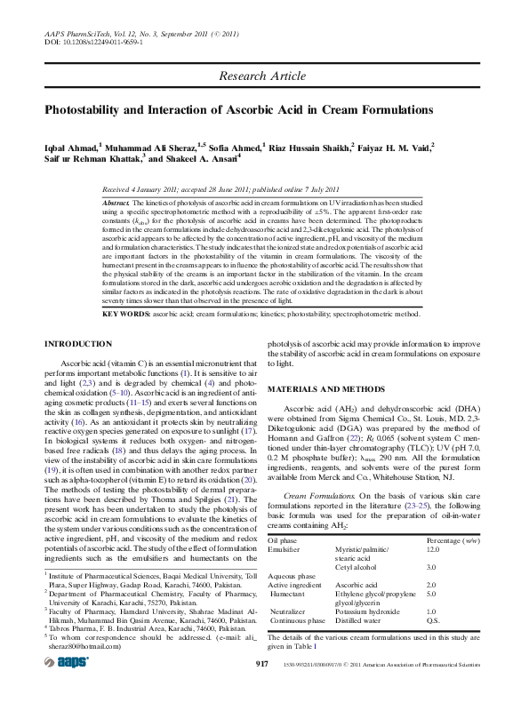 (PDF) Photostability and Interaction of Ascorbic Acid in Cream Formulations Saif Ansari