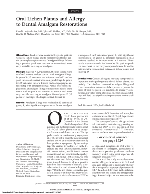 (PDF) Oral Lichen Planus and Allergy to Dental Amalgam Restorations