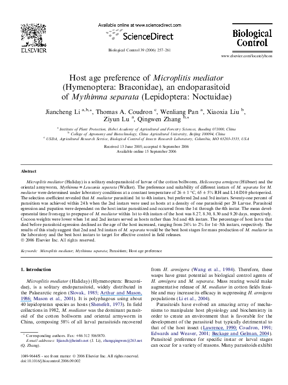 (PDF) Host age preference of Microplitis mediator (Hymenoptera ...