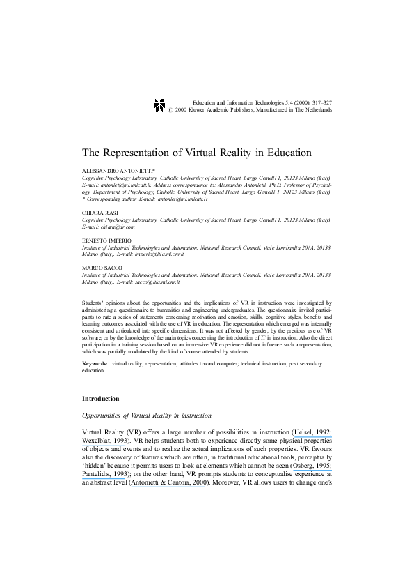 (PDF) The Representation of Virtual Reality in Education