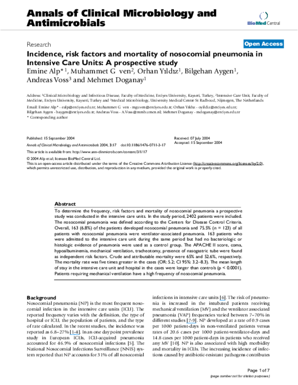 (PDF) Incidence, risk factors and mortality of nosocomial pneumonia in ...