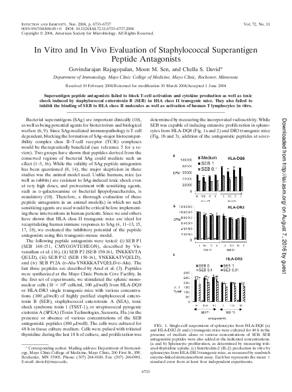 (PDF) In Vitro and In Vivo Evaluation of Staphylococcal Superantigen ...
