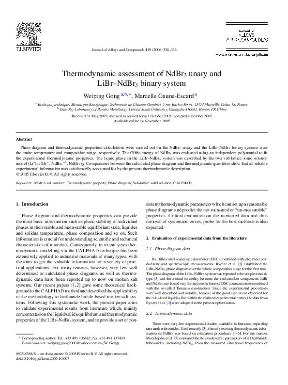 (PDF) Thermodynamic assessment of NdBr3 unary and LiBr–NdBr3 binary system