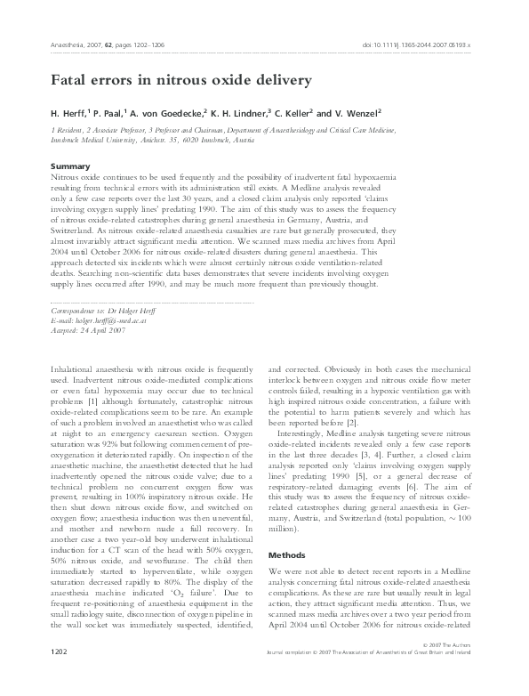 (PDF) Fatal errors in nitrous oxide delivery Fatal errors in nitrous