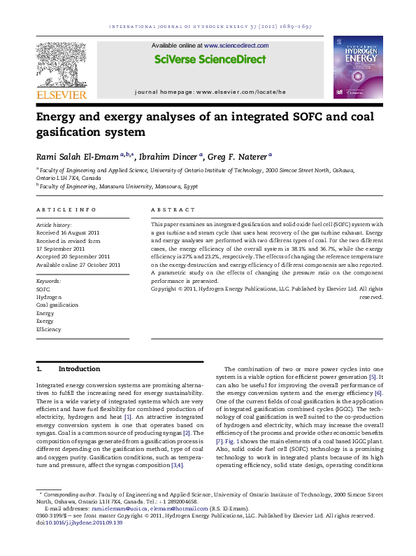 (PDF) Energy and exergy analyses of an integrated SOFC and coal ...