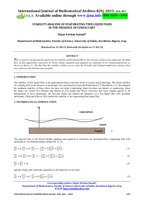 (PDF) STABILITY ANALYSIS OF EVAPORATING THIN LIQUID FILMS IN THE ...