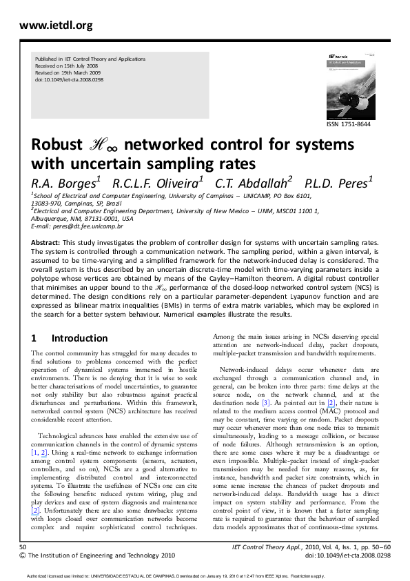 (PDF) Robust H∞ networked control for systems with uncertain sampling rates