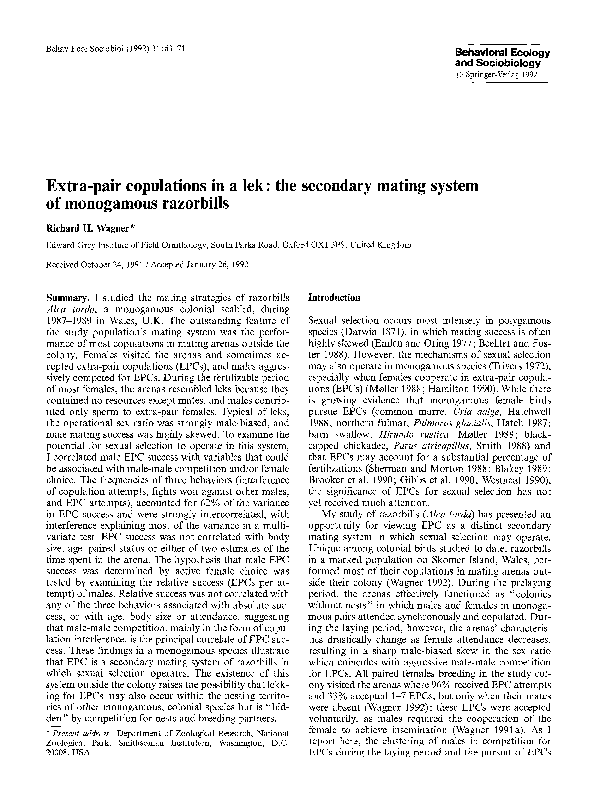 (PDF) Extra-pair copulations in a lek: the secondary mating system of