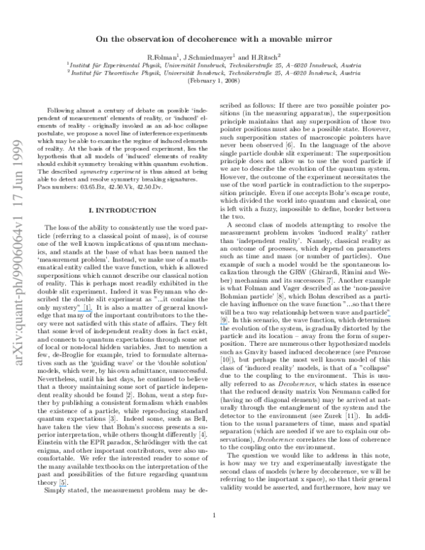 (PDF) On the observation of decoherence with a movable mirror