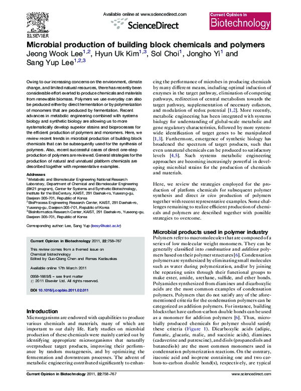 (PDF) Microbial production of building block chemicals and polymers