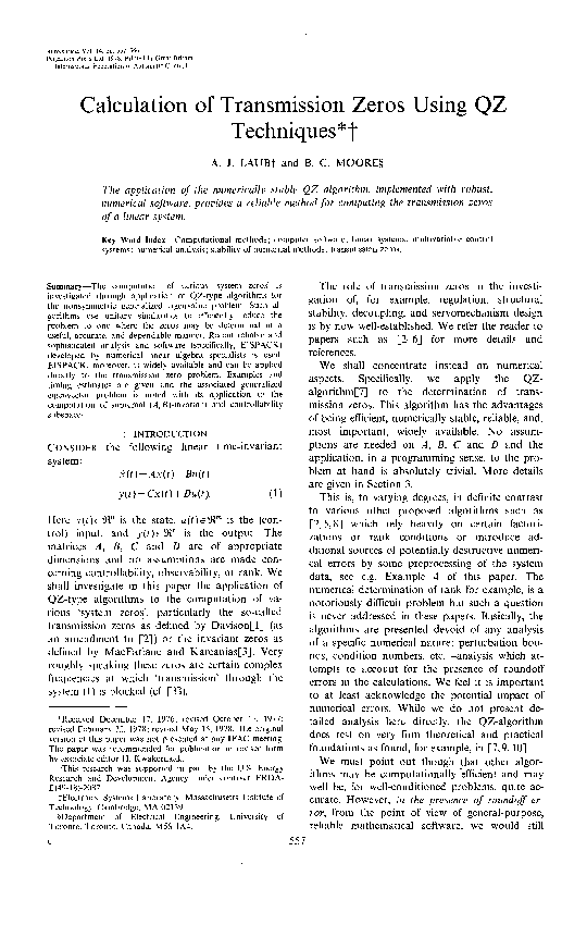 (PDF) Calculation of transmission zeros using QZ techniques Alan Laub