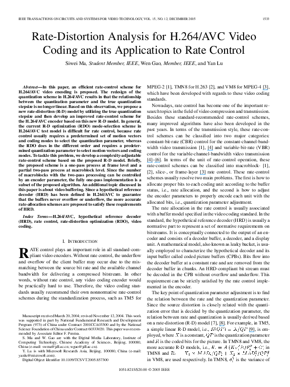 (PDF) Rate-distortion analysis for H.264/AVC video coding and its ...