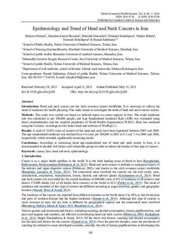 (PDF) Epidemiology and Trend of Head and Neck Cancers in Iran