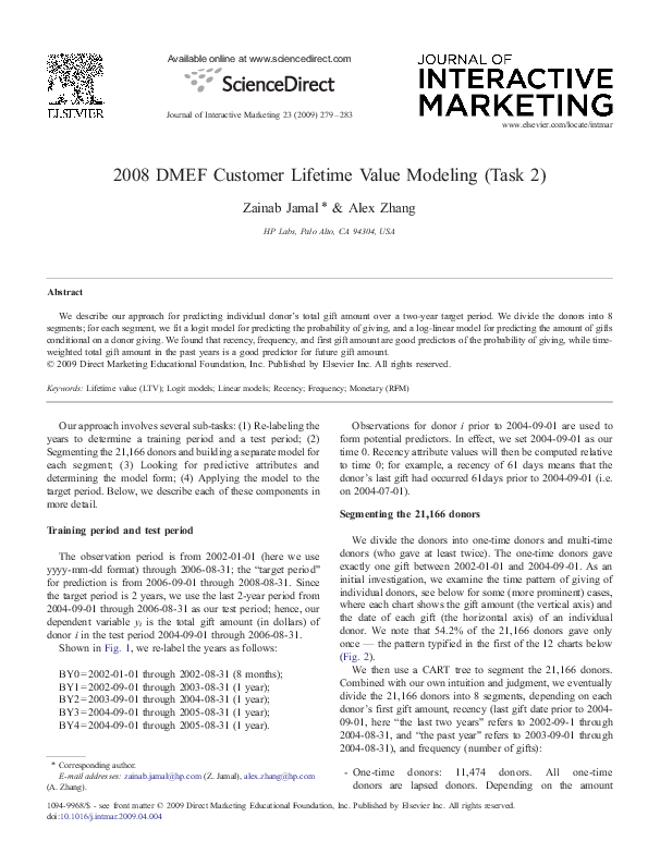 (PDF) 2008 DMEF Customer Lifetime Value Modeling (Task 2