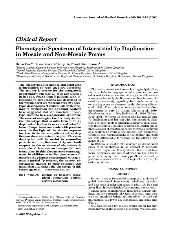 (PDF) Phenotypic spectrum of interstitial 7p duplication in mosaic and ...