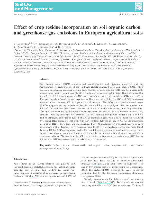 (PDF) Effect of crop residue incorporation on soil organic carbon (SOC ...