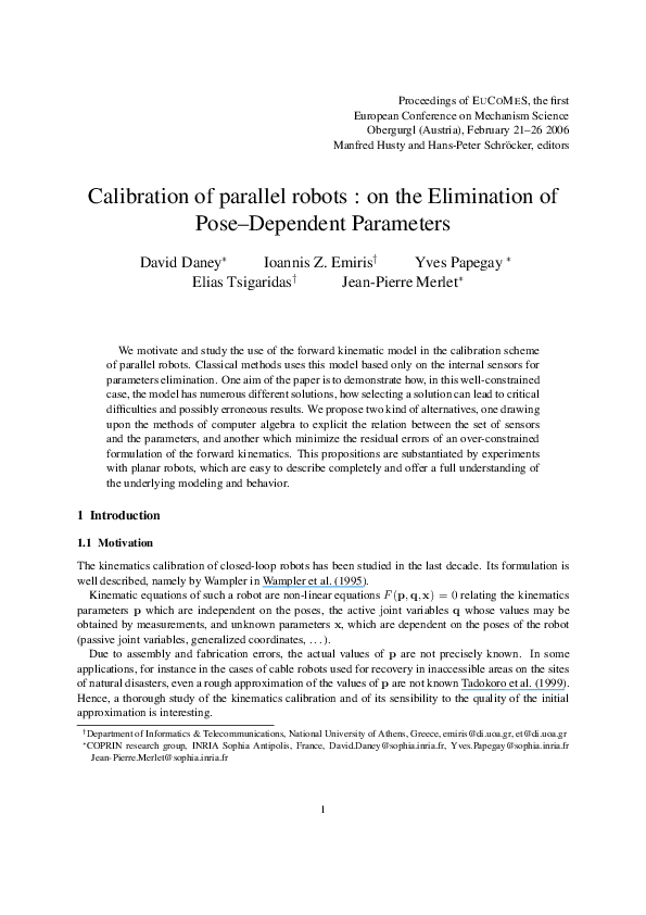 (PDF) Calibration of parallel robots : on the Elimination of Pose ...