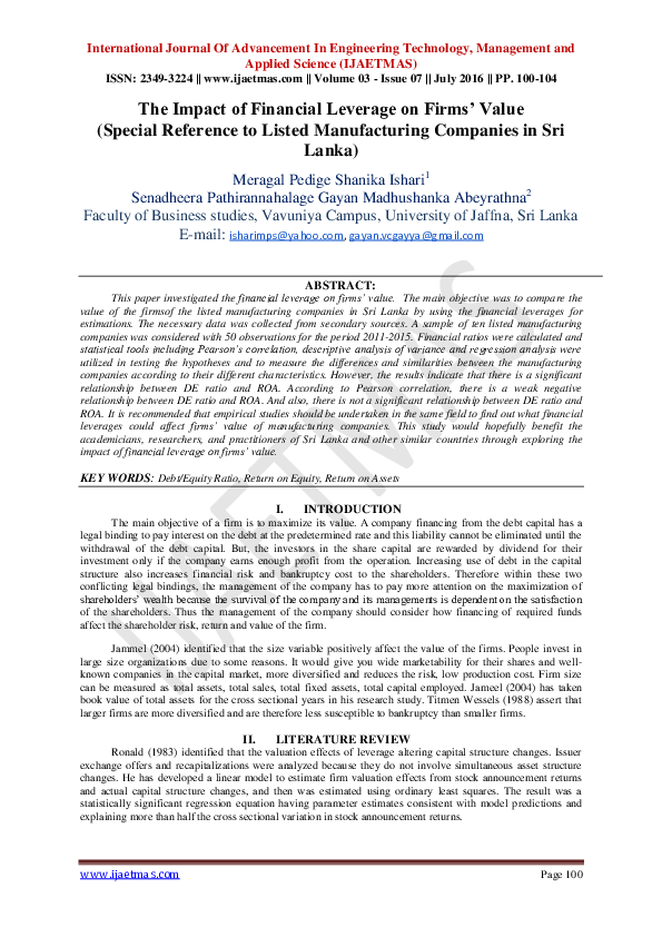 (PDF) The Impact of Financial Leverage on Firms’ Value (Special ...