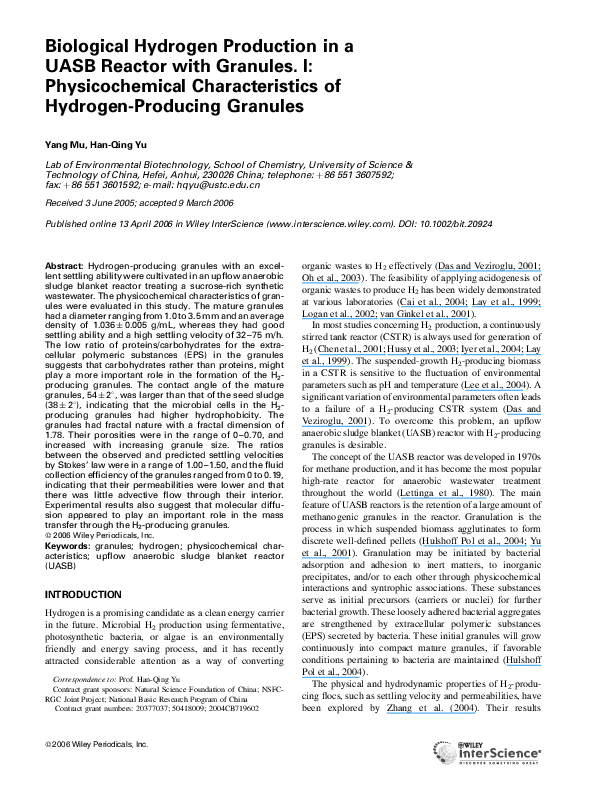 Pdf Biological Hydrogen Production In A Uasb Reactor With Granules Ii Reactor Performance In 3 Year Operation Hans Yu Academia Edu
