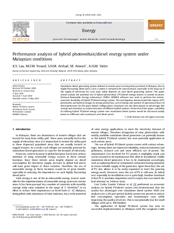 (PDF) Performance analysis of hybrid photovoltaic/diesel energy system ...