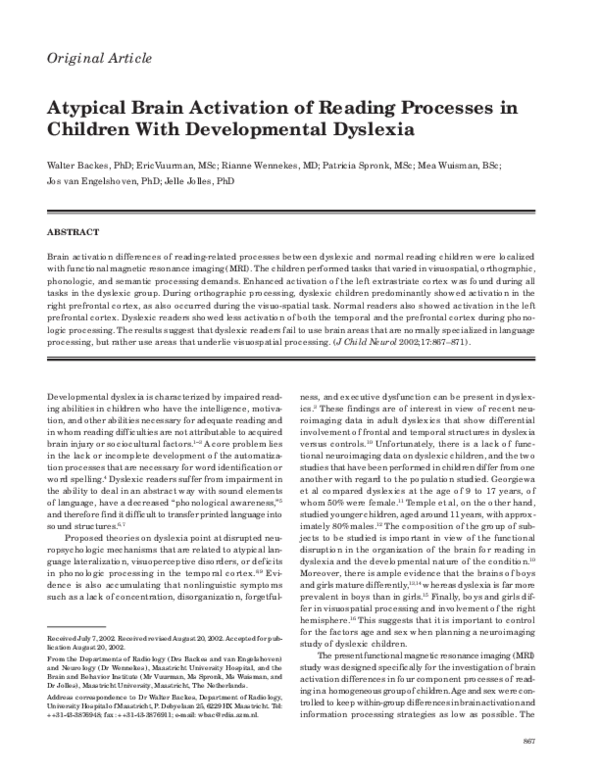 (PDF) Atypical Brain Activation of Reading Processes in Children With ...