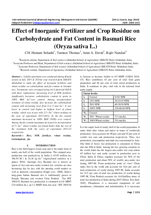 (PDF) Effect of Inorganic Fertilizer and Crop Residue on Carbohydrate ...