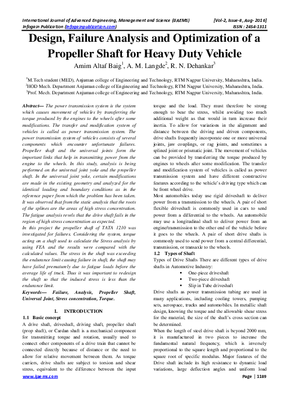 (PDF) Design, Failure Analysis and Optimization of a Propeller Shaft for Heavy Duty Vehicle