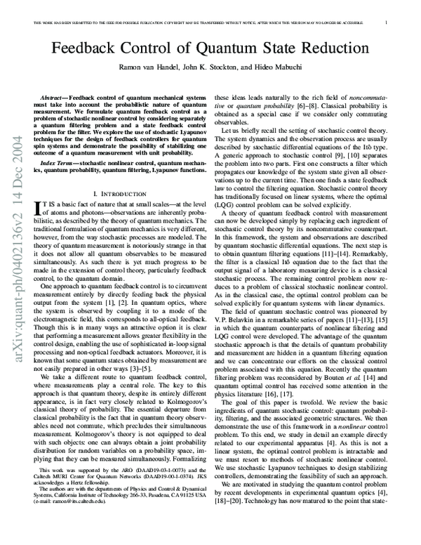 (PDF) Feedback control of quantum state reduction