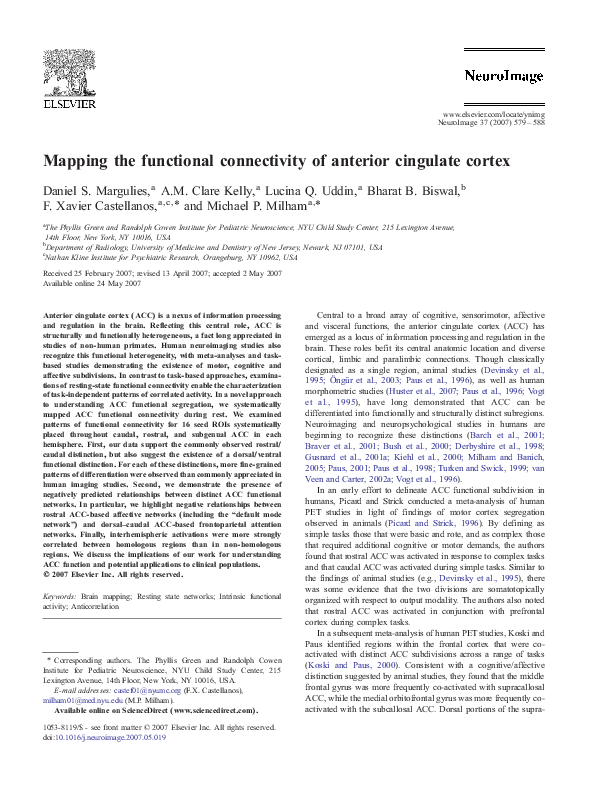 (PDF) Mapping the functional connectivity of anterior cingulate cortex