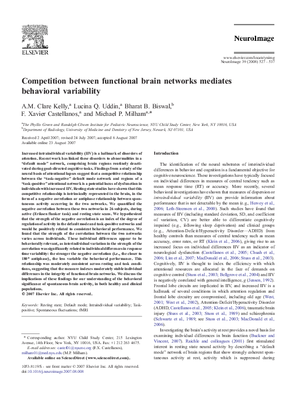 (PDF) Competition between functional brain networks mediates behavioral ...