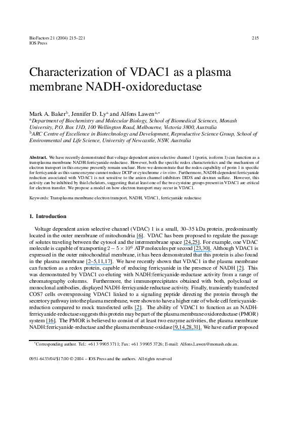 (PDF) Characterization of VDAC1 as a plasma membrane NADH-oxidoreductase