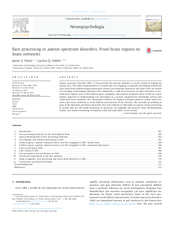 (PDF) Face processing in autism spectrum disorders: From brain regions ...