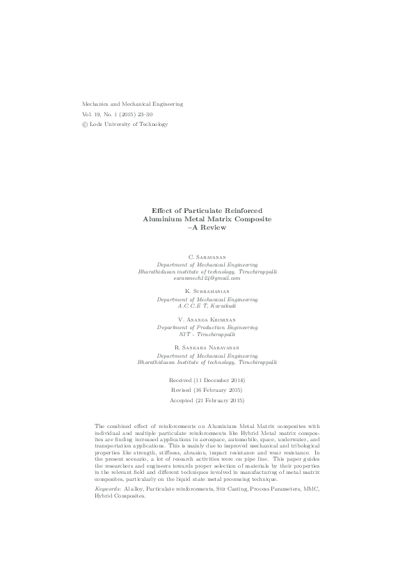(PDF) Effect of Particulate Reinforced Aluminium Metal Matrix Composite ...