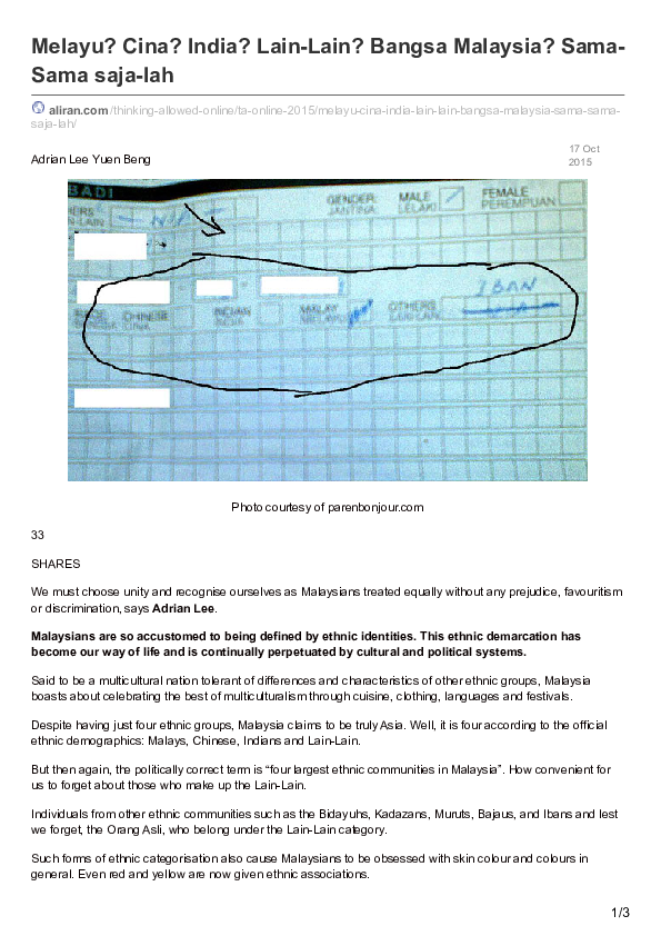 Pdf Melayu Cina India Lain Lain Bangsa Malaysia Sama Sama Saja Lah Adrian Yuen Beng Lee Academia Edu