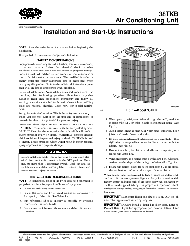 (PDF) 38TKB Air Conditioning Unit Installation and StartUp Instructions Mike Matalenas